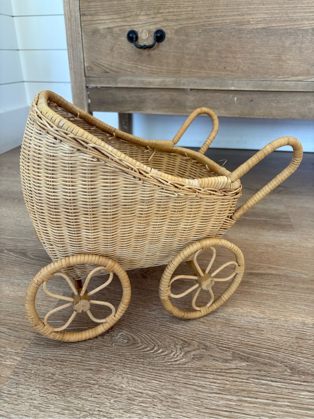 Vintage Wicker Doll Buggy Basket Rattan Boho Nursery Decor Baby Carriage